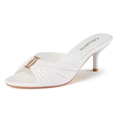 Imagem de Salto mule feminino franzido, bico redondo, bico redondo, bico aberto, salto baixo, sandálias de salto alto, sapatos sociais, Branco, 35