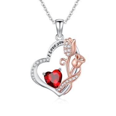 Imagem de WYDDO Colar feminino com pedra do mês de nascimento, coração, rosa, pingente "I Love You", aniversário, Natal, Dia dos Namorados, abril, joias para mulheres, esposa, filha, Base, Zircônia cúbica