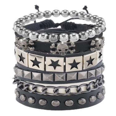 Imagem de 4 pulseiras masculinas e femininas pretas trançadas com corrente de caveira punk rock para uso diário, One Size, Acrílico, Sem Pedra Preciosa