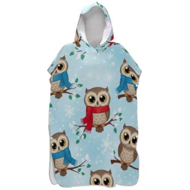 Imagem de Joisal Poncho de surf azul com flocos de neve de coruja fofo para trocador de roupas de adulto com capuz toalha de praia estampa plus size ponchos adultos para mulheres