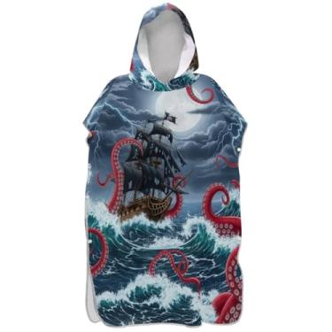 Imagem de Joisal Poncho de surfe plus size trocador para adultos toalha de praia com capuz floral vermelho tentáculos ponchos adultos para mulheres