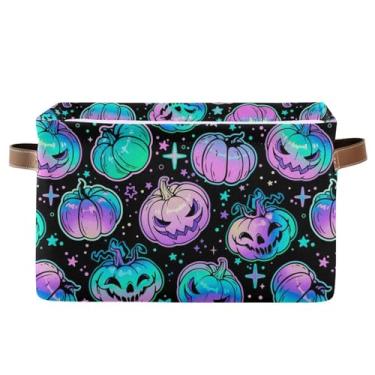 Imagem de Caixa organizadora de abóboras coloridas de desenho de Halloween, 2 cestas de armazenamento para prateleiras com alças, armazenamento de toalhas, 35,5 x 25,4 x 20,3 cm