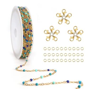 Imagem de TOAOB Correntes de joias de ouro de aço inoxidável de 1,6 mm, corrente de elos de contas azuis com 15 fechos de lagosta e 30 anéis de salto para fazer joias, faça você mesmo, pulseira, tornozeleira