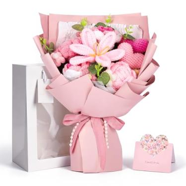 Imagem de Jivoxia Buquê de flores de crochê, flores tricotadas, buquê de tulipas e rosas de crochê rosa, presente para mulheres, dia dos namorados, aniversário, dia das mães, casamento, decoração de casa