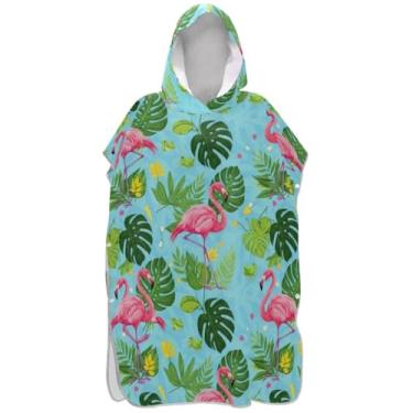 Imagem de Joisal Folhas flamingos poncho de surf azul para trocador adulto toalha de natação com capuz plus size homens mulheres poncho com capuz