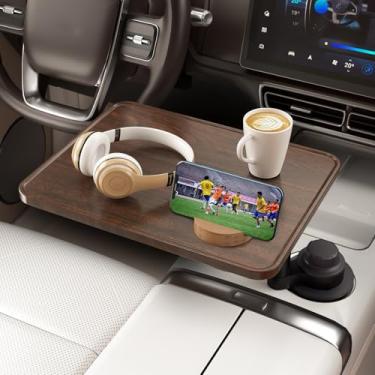 Imagem de Bandeja de carro e mesa de laptop de carro com rotação de 360° - mesa de suporte de copo de madeira, suporte de laptop para carro e bandeja de alimentos compatível com Tesla modelo Y/3/S e a maioria