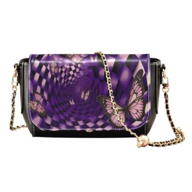 Imagem de GAIGEO Bolsas de couro transversal com padrão de carnaval para mulheres, bolsa tiracolo de couro, bolsas tiracolo de couro femininas, Borboleta espiral quadrada roxa, One Size