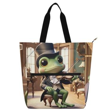 Imagem de GAIGEO Bolsa feminina divertida para trabalho com sapo violino, lona, praia, escola, bolsas para professores, amantes de livros