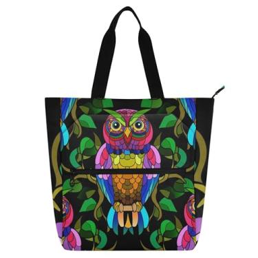 Imagem de Sacola preta com corujas coloridas vibrantes bolsa de trabalho feminina de lona bolsa de pano para faculdade escola utilitária bolsas de escritório livros presente para amantes de livros