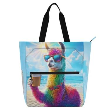 Imagem de GAIGEO Bolsa feminina de trabalho com estampa de lhama arco-íris com estampa de animal e praia, bolsa carteiro com zíper e compartimentos