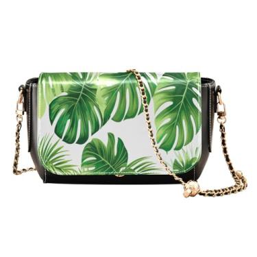 Imagem de Bolsa tiracolo feminina de couro flutuante e coberta de bola de futebol com corrente dourada, Folhas tropicais em branco-3, One Size