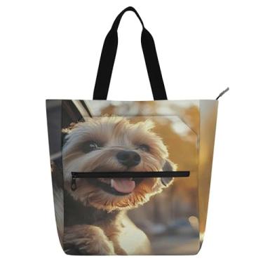 Imagem de GAIGEO Sacola Happy Yorkie Car Ride Sunset Book para crianças, mulheres, trabalho, escola, reutilizável, bolsa de mão com zíper, presente personalizado