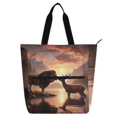 Imagem de GAIGEO Bolsa de trabalho com estampa de cenário de veado leão para mulheres, bolsas de tecido de lona, faculdade, escola, professores, presente para amantes de livros