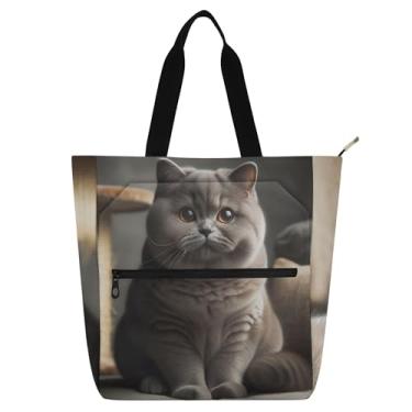 Imagem de GAIGEO Sacola feminina de trabalho cinza de gato fofo para praia, escola, bolsa reutilizável, para amantes de livros