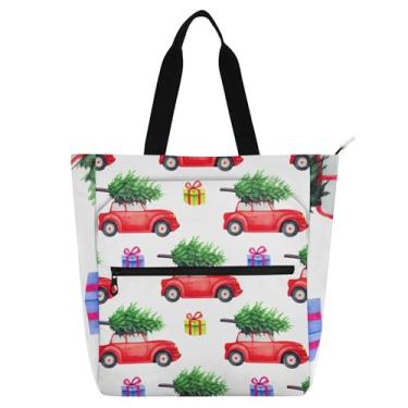 Imagem de GAIGEO Bolsa de trabalho feminina vermelha vintage para carros, árvores de Natal, lona, praia, livro, com zíper, bolsa de professores com compartimentos