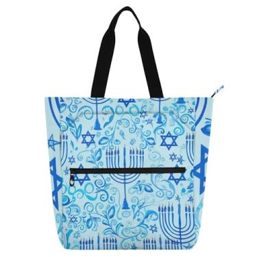 Imagem de Blue Symbols Menorahs Bolsas femininas para trabalho lona praia livro tote com zíper bolsas médias amantes de livros presentes