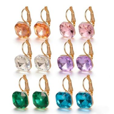 Imagem de 6 pares de brincos multicoloridos quadrados de cristal austríaco para mulheres, banhados a ouro 14K, com fecho de alavanca, hipoalergênicos, conjunto de joias de festa de casamento, moda diária