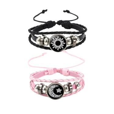 Imagem de IQPDYV Pulseira luminosa de casal de sol e lua que brilha no escuro combinando com cordão de couro ajustável presente de amor de longa distância para casais, One Size, Couro, Sem Pedra Preciosa