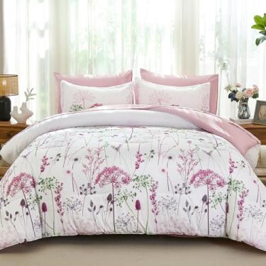 Imagem de Yiran Conjunto de cama queen com edredom rosa, floral, dente-de-leão, botânico em uma bolsa, conjunto completo de microfibra macia com edredom, lençóis, fronhas e fronhas