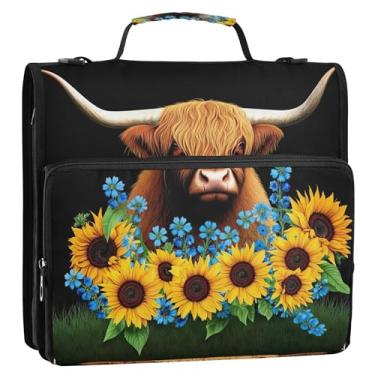 Imagem de Linda bolsa organizadora de fichários de vaca Highland engraçada de 3 cm com 3 anéis, bolsa escolar com alça de ombro, suporte para 500 folhas