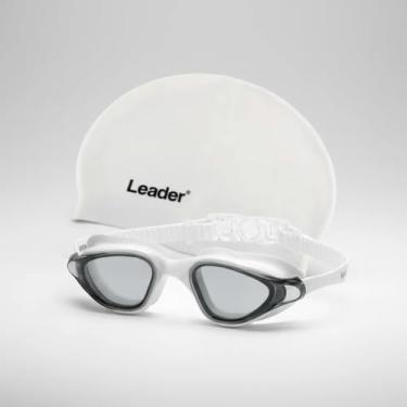 Imagem de Kit Óculos de Natação Leader Open Lente Antiembaçante Proteção UV + Touca de Silicone (Branco)