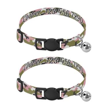 Imagem de Pacote com 2 coleiras leves de camuflagem personalizadas com sino - Acessórios duráveis para animais de estimação para cães e gatos pequenos, serve para pescoço de 27 a 43 cm
