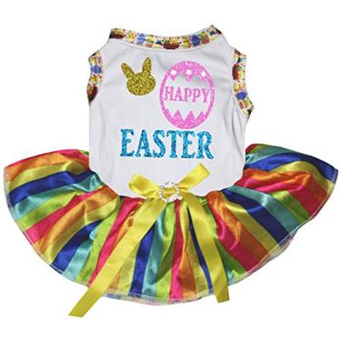 Imagem de Petitebella Vestido de cachorro com cara de coelho feliz Páscoa (branco/listrado arco-íris, PP)