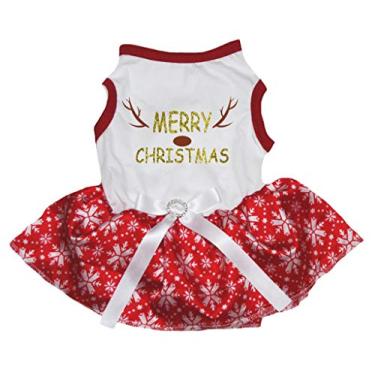 Imagem de Petitebella Camisa de algodão com estampa de rena Feliz Natal, vestido para cachorro (branco/vermelho floco de neve, 3GG)