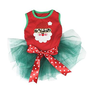 Imagem de Petitebella Roupas para filhotes de cachorro vestido de Natal Papai Noel vermelho top tutu verde (XGG, cabeça de Papai Noel)