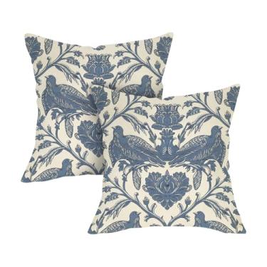 Imagem de Fjfz Conjunto de 2 capas de almofada decorativas de pássaros florais vintage primavera verão 45,7 x 45,7 cm, decoração de casa ao ar livre, decoração de casa, sofá de fazenda naturalista