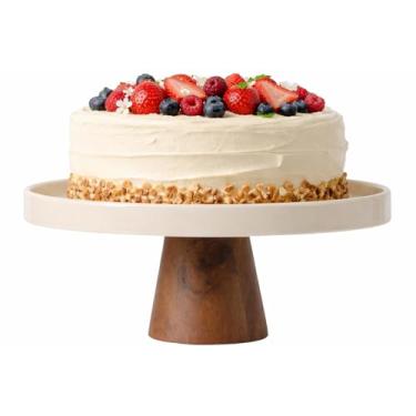 Imagem de Gibson Elite Suporte de bolo de grés de 26 cm com base de madeira de acácia – suporte de exibição de sobremesa redondo taupe para bolos, cupcakes e festas