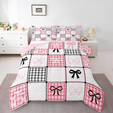 Imagem de jejeloiu Conjunto de edredom Queen com laço rosa e preto, princesa, sonhadora, para crianças, meninos, lindo laço kawaii, xadrez, xadrez, bolinhas, edredom geométrico, decoração de quarto