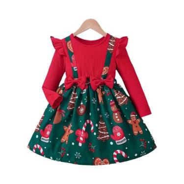 Imagem de Vestido De Natal Vermelho Para Meninas Com Manga Longa E Estampa De De