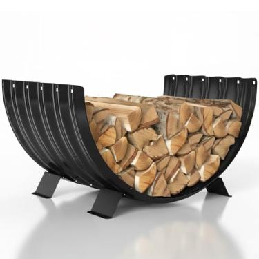 Imagem de VAMFUTRE Suporte redondo para lenha de folha de metal por lareira interna/ao lado de fogueira externa - com pernas de metal, à prova de ferrugem, suporte de lenha durável e elegante (setor, 61 cm de