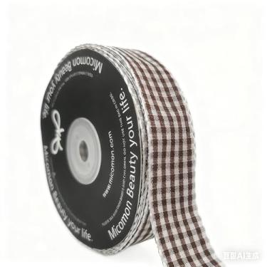 Imagem de MIKEMENG Fita xadrez tafetá marrom e branca de 25 metros com borda de renda para Dia de Ação de Graças Decoração de Halloween Embalagem de presente (2,5 cm, marrom)