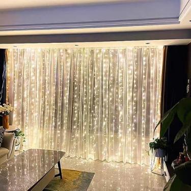 Imagem de Cortina LED de 3 x 3 m com cordão de luzes USB para quarto, festa de casamento, estação festiva, propor janela de casamento, decorações de Natal, sem bateria (branco quente)
