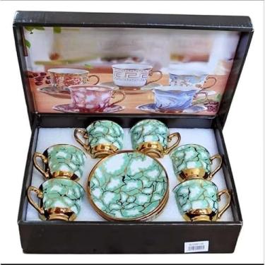 Imagem de Kit Xícaras e Pires Café Porcelana Premium - Jogo de Luxo para Presente 6 xicaras + 6 pires(Modelo - 9-verde (85mL))