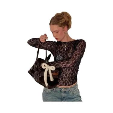 Imagem de Top Cropped De Renda Transparente De Manga Longa Para Mulheres, T-Shir