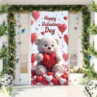 Imagem de 1 faixa de urso feliz dia dos namorados - romântico 2D plano 180 x 89 cm poliéster amor urso abraço coração e balões capa de porta, ideal para porta da frente, interior, exterior, decoração de festa