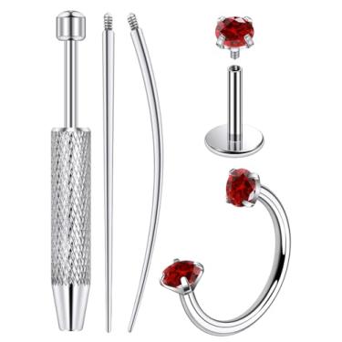 Imagem de Lcolyoli Anel de nariz de ferradura de titânio 20G e pino CZ roscado internamente para piercing de tragus/nariz/hélice/concha para mulheres e homens, inclui ferramenta de agarrar bola afunilada para