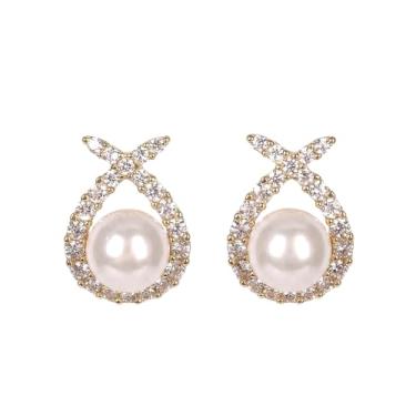 Imagem de Brincos de pérola para mulheres, brincos de pérola sintética de zircônia cúbica, design redondo de flor de lágrima com laço de borboleta, joia hipoalergênica elegante para uso diário e presentes