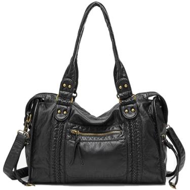 Imagem de Liziblloy Bolsa feminina urbana grande vintage Y2K bolsa de couro lavado grunge bolsa de ombro despojado Hobo bolsa tiracolo bolsa tiracolo, Preto, One Size