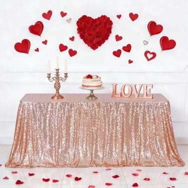 Imagem de Eternal Beauty Toalha de mesa de ouro rosa, 152 x 300 cm, capa de mesa retangular com lantejoulas para bolos, sobremesas, exposições, festas, eventos de aniversário