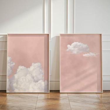 Imagem de Conjunto de arte de parede de nuvem rosa com 2 pôsteres impressos em tela rosa nuvem blush pintura vintage imagem nuvem arte arte menina berçário quarto sala de estar casa decoração de parede sem