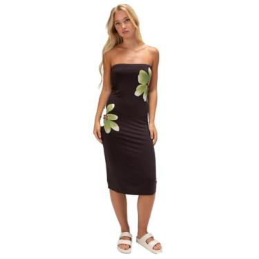 Imagem de Volcom Vestido midi colado ao corpo Startstone sem alças – estampa floral estilo bandeau com alças removíveis, Preto, M