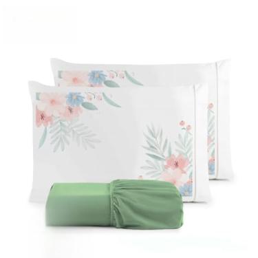 Imagem de Kit Jogo De Cama Lençol Liso Fronha Estampada Micropercal 400 Fios Ponto Palito(Flor Rosê Lençol Verde,Casal Queen 03 Peças)