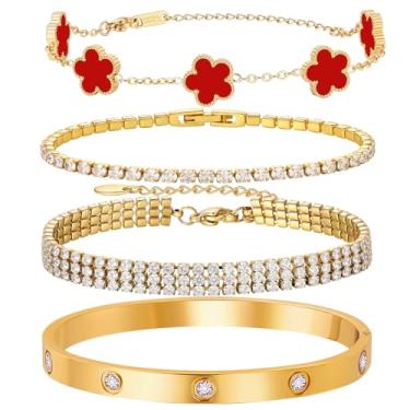 Imagem de Pulseira de amor banhada a ouro 18 K para mulheres, pulseira de 4 peças com concha sintética, corrente de trevo floral, corrente de tênis e pulseira de ouro de cristal, joia de presente com design de