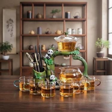 Imagem de Conjunto de chá de cerâmica semiautomático dragão chinês, conjunto de chá de Kung Fu de 9 peças com bule de chá e 8 xícaras (panda - conjunto)
