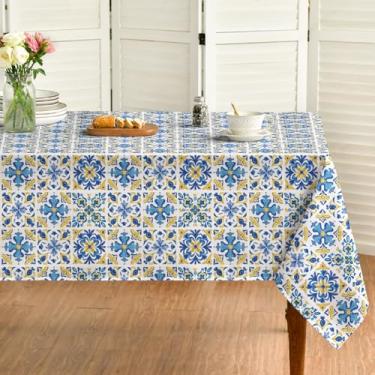 Imagem de Horaldaily Toalha de mesa azul primavera verão retangular 152 x 213 cm, estampa de azulejos mexicanos Talavera, para festa de aniversário, casa, jantar, cozinha, decoração de mesa