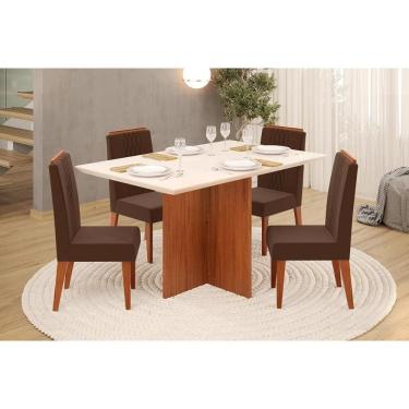 Imagem de Conjunto: Mesa de Cozinha Hera c/ Tampo Madeirado c/ Vidro Reto 120x90cm e 4 Cadeiras Lia Freijo/Off White - Suede Moca - DJ Móveis